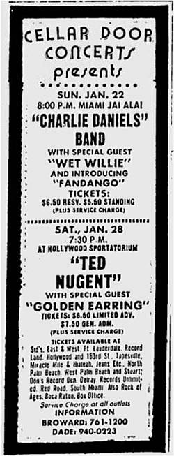 Golden Earring with Ted Nugent show ad January 28, 1978 Hollywood Sportatorium